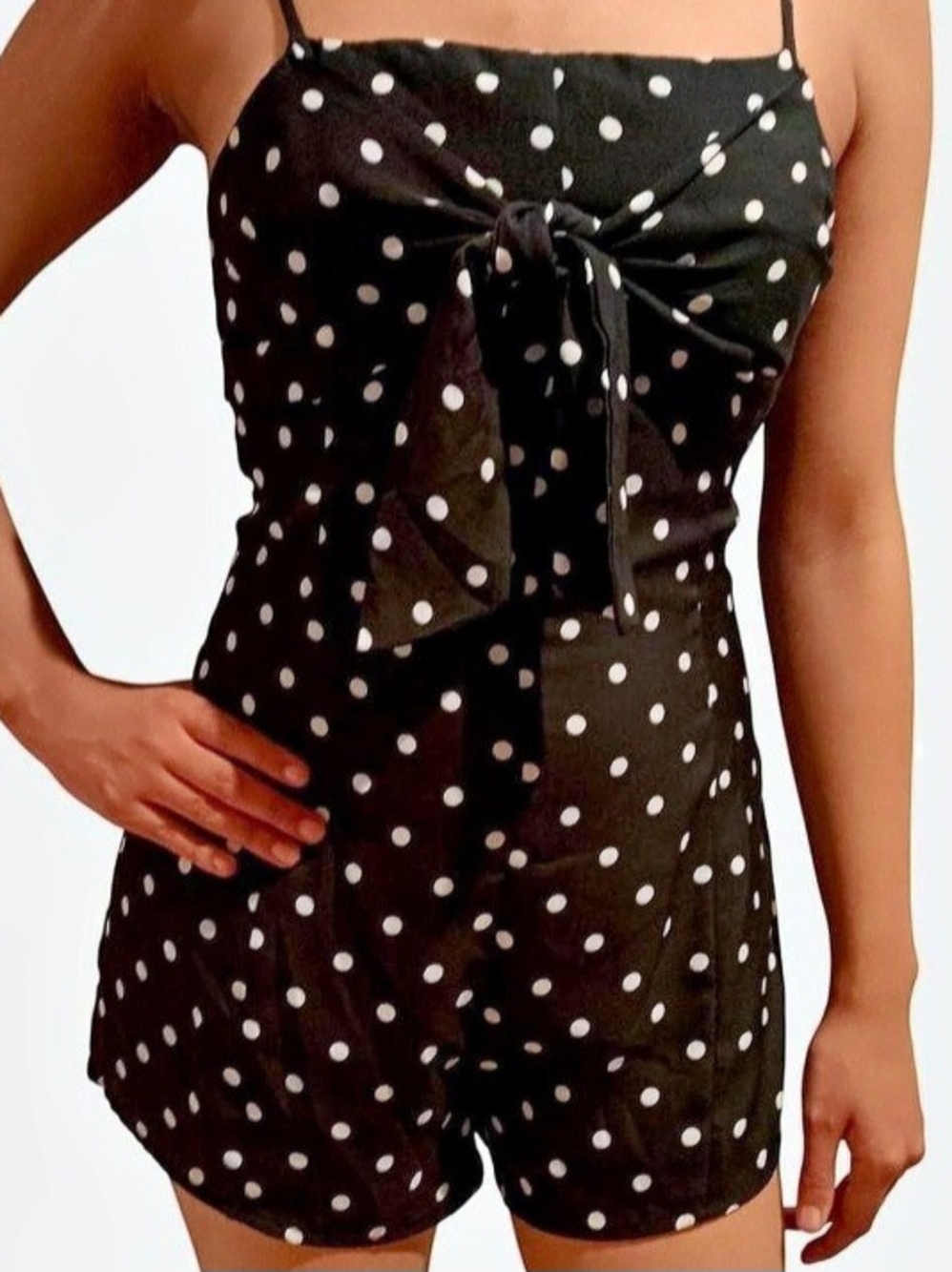Honey Belle Black And White Polka Dot Tie-front Bow Romper Mini Jumpsuit Trendy